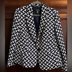 Gently worn geometric patterned navy and white/cream blazer. Kasper. Size 14.
